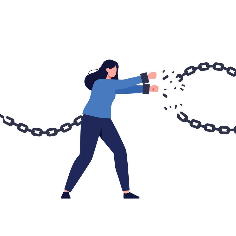 Woman breaking free from chains in flat art illustration vector