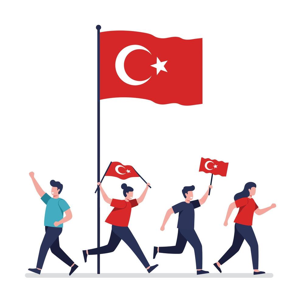 People marching with Turkish flags in flat design art vector
