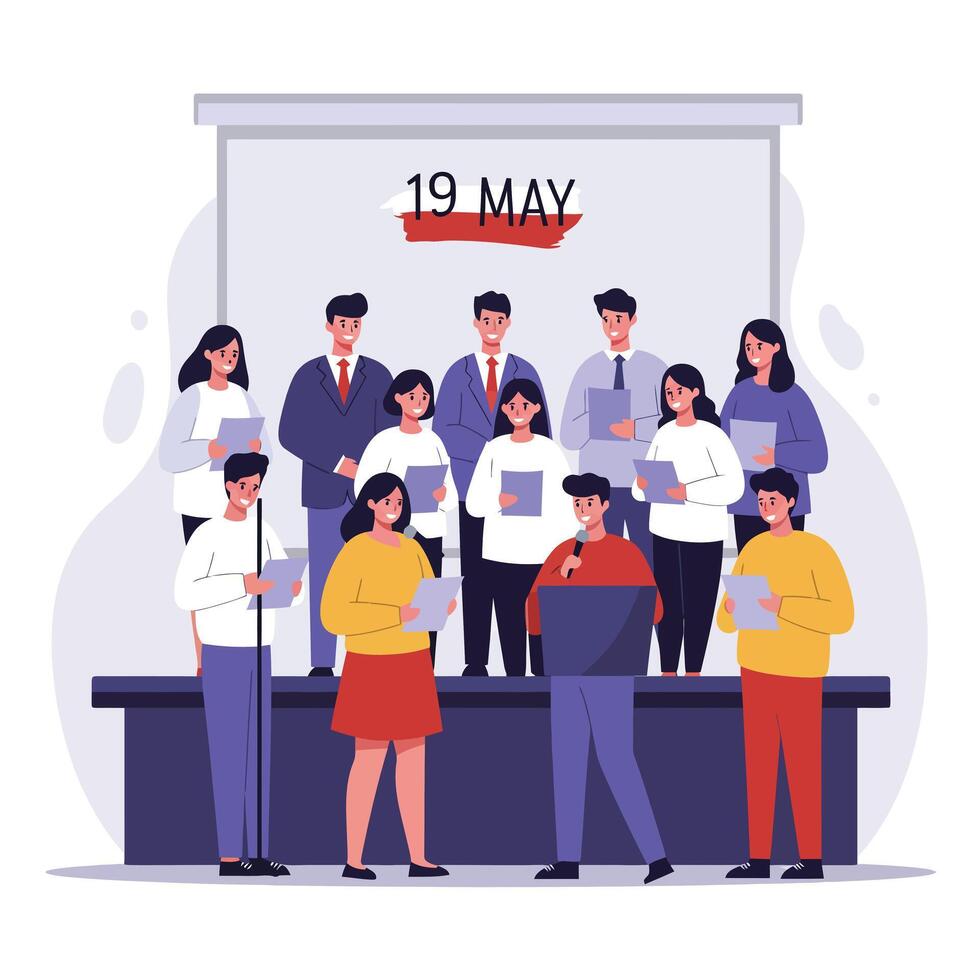 Group of people presenting in front of a screen flat illustration vector