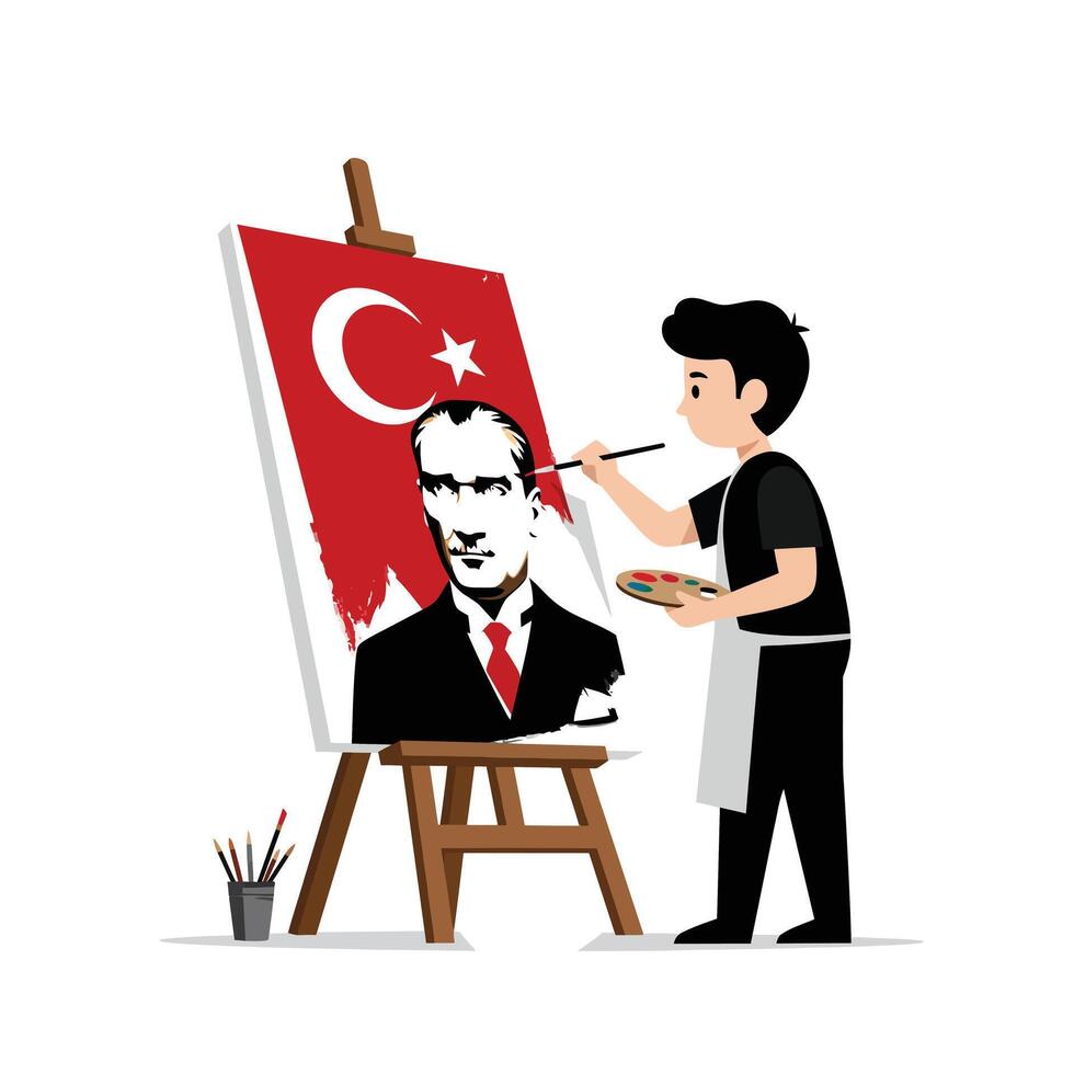 Artist painting Turkish flag with portrait in flat illustration style vector