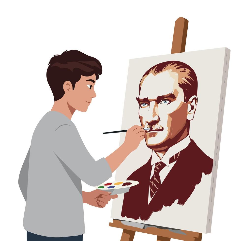 Artist painting a detailed portrait with flat design style in art vector