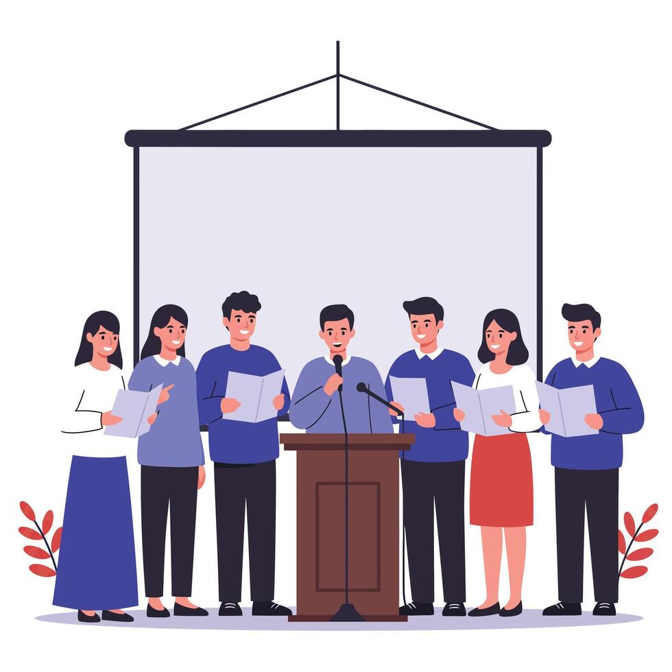 Group of people presenting at a podium in flat art illustration vector