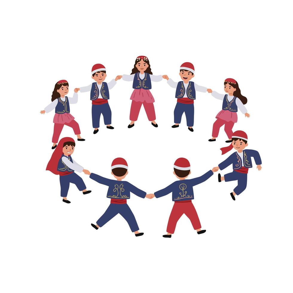 Children dancing in a circle with colorful outfits in flat art vector