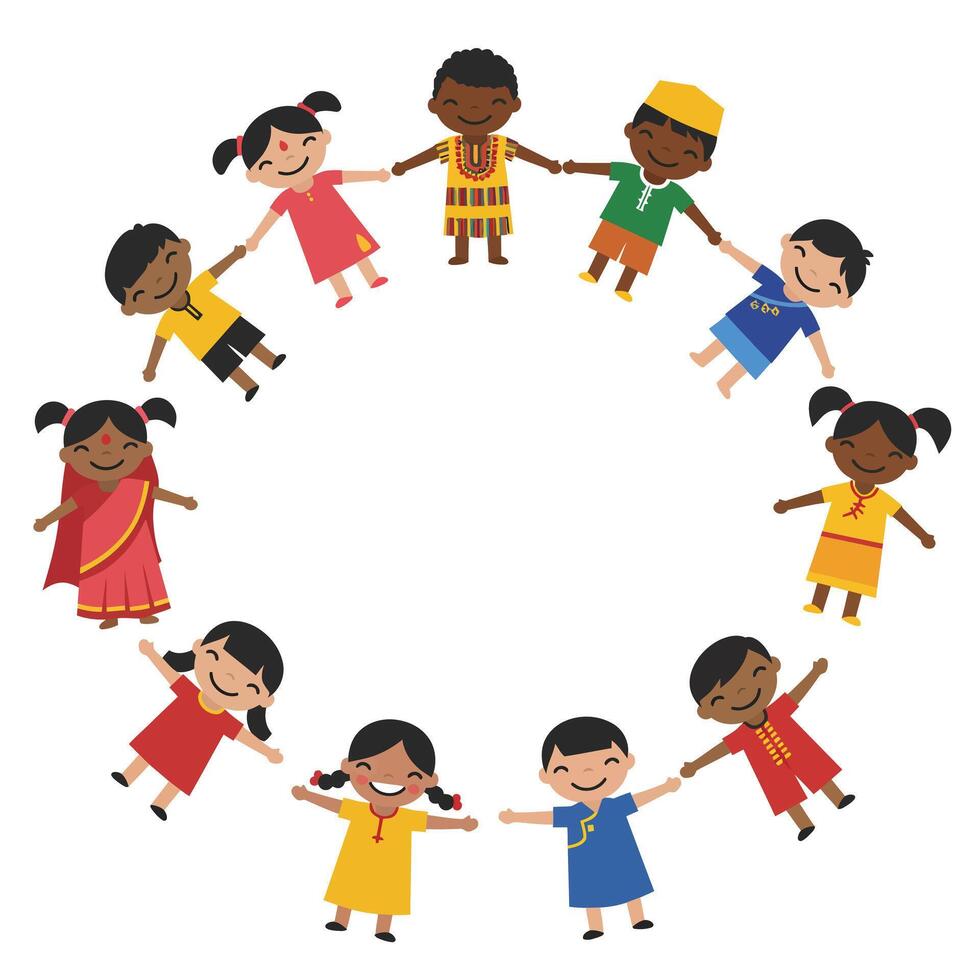 Diverse group of children holding hands in a circular formation, flat illustration vector