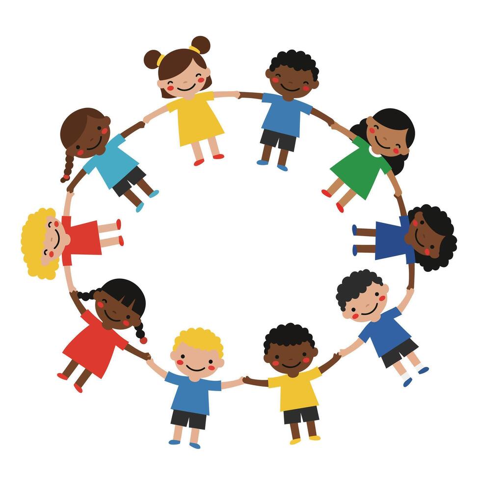 Children holding hands in a circular formation, colorful flat illustration vector