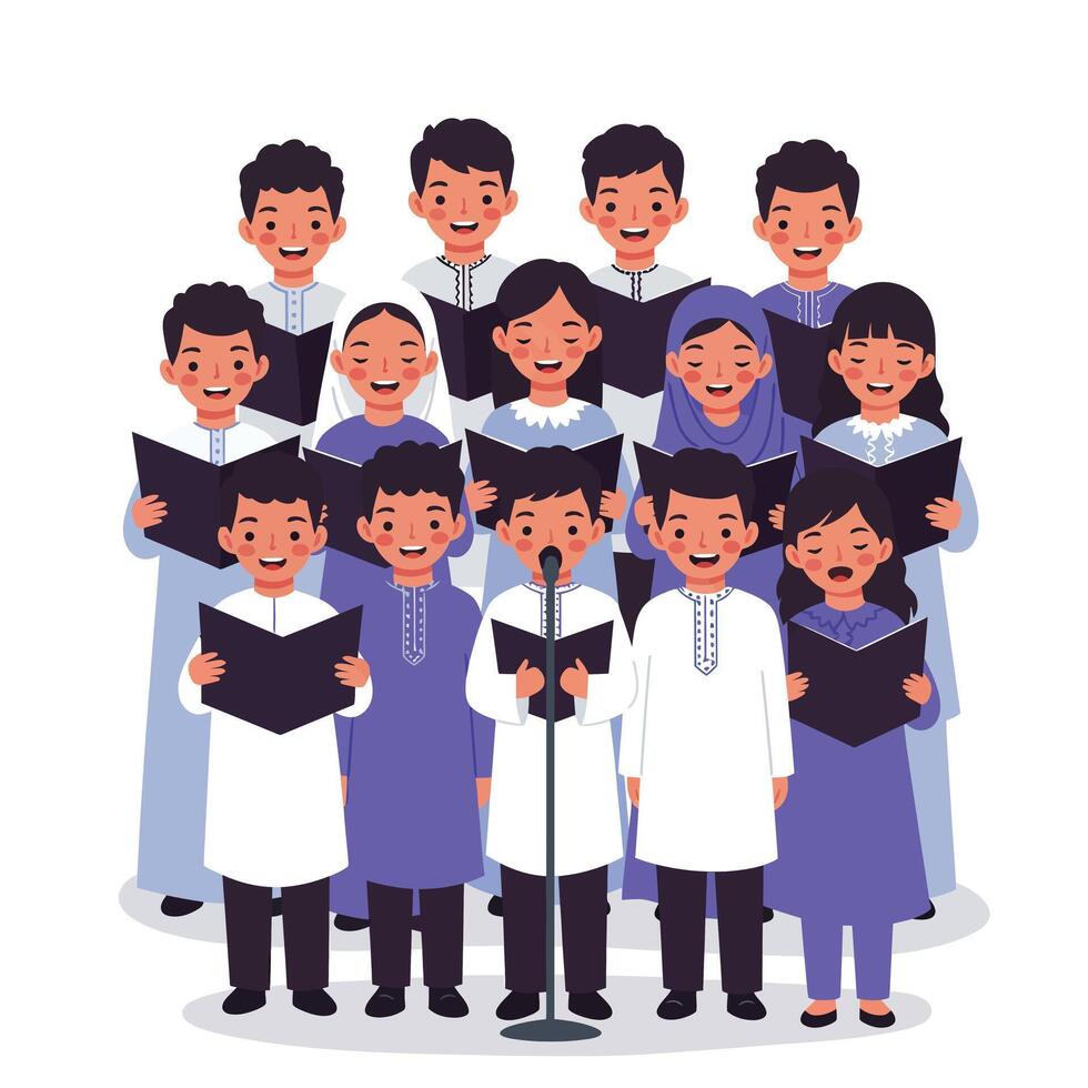 Group of diverse children singing joyfully in minimal flat art illustration vector