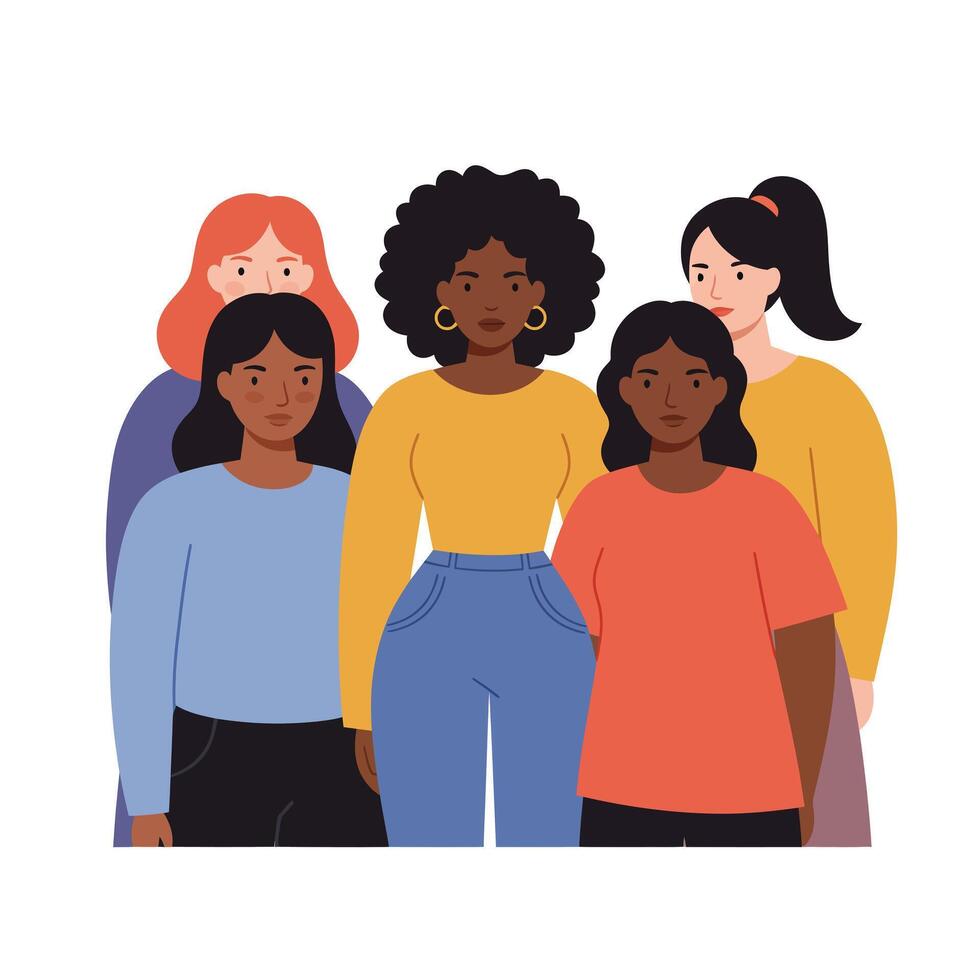 Group of diverse women standing together in flat design art vector