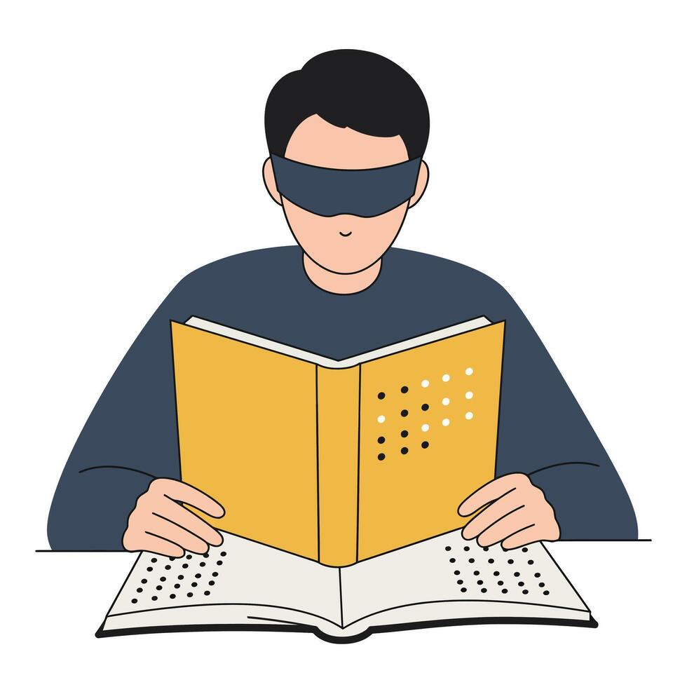Person reading a book with blindfold in flat illustration vector