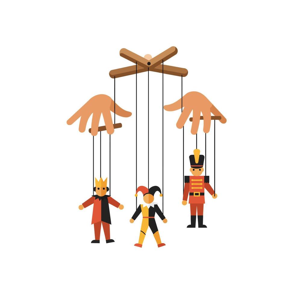 Hands controlling puppet characters in flat design art illustration vector