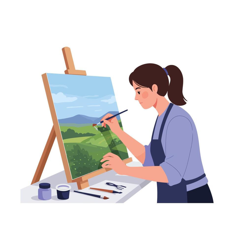 Artist creating a vibrant landscape painting in flat art style vector