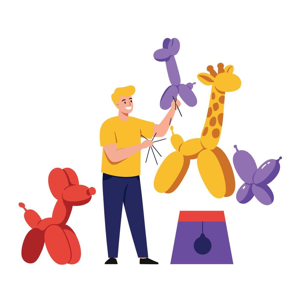 Balloon artist creating colorful animal shapes in flat illustration vector