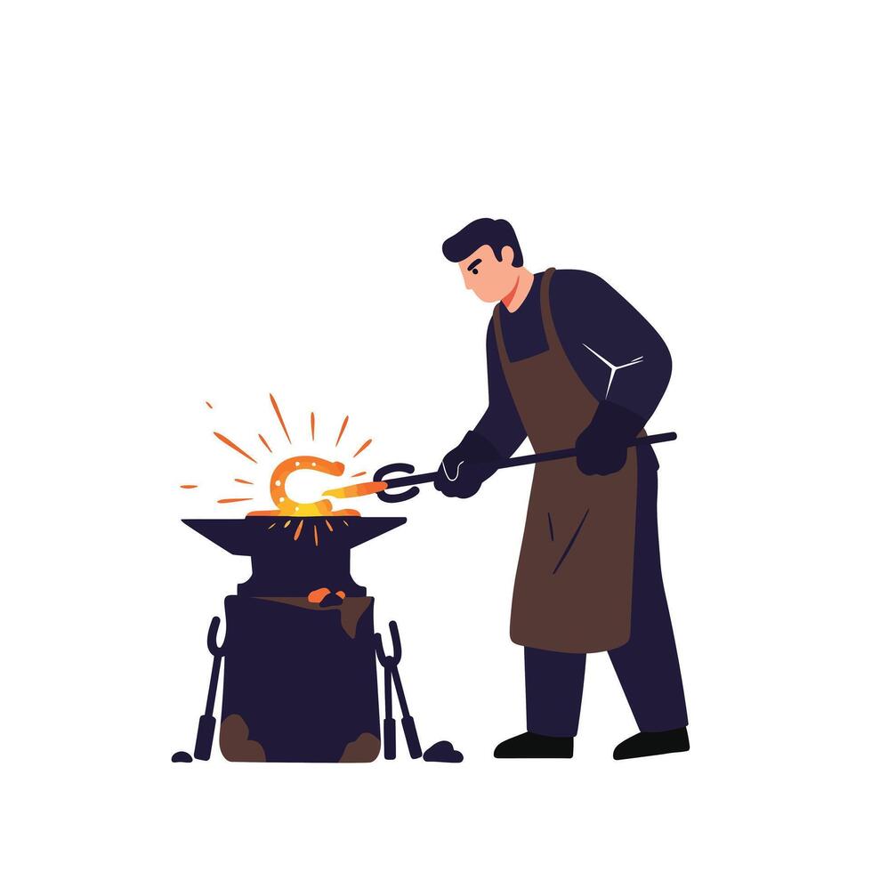 Blacksmith working at forge with glowing metal in detailed flat art vector