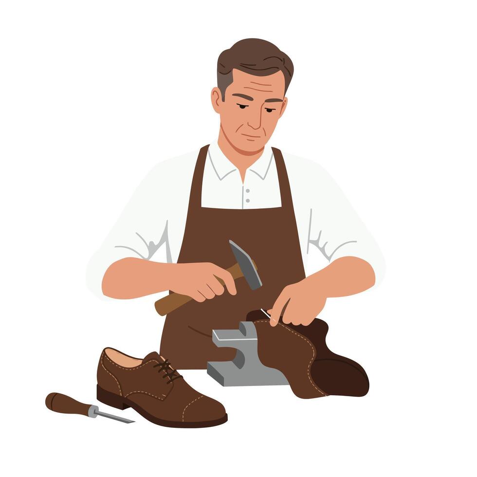 Shoe cobbler repairing footwear with tools in flat illustration vector