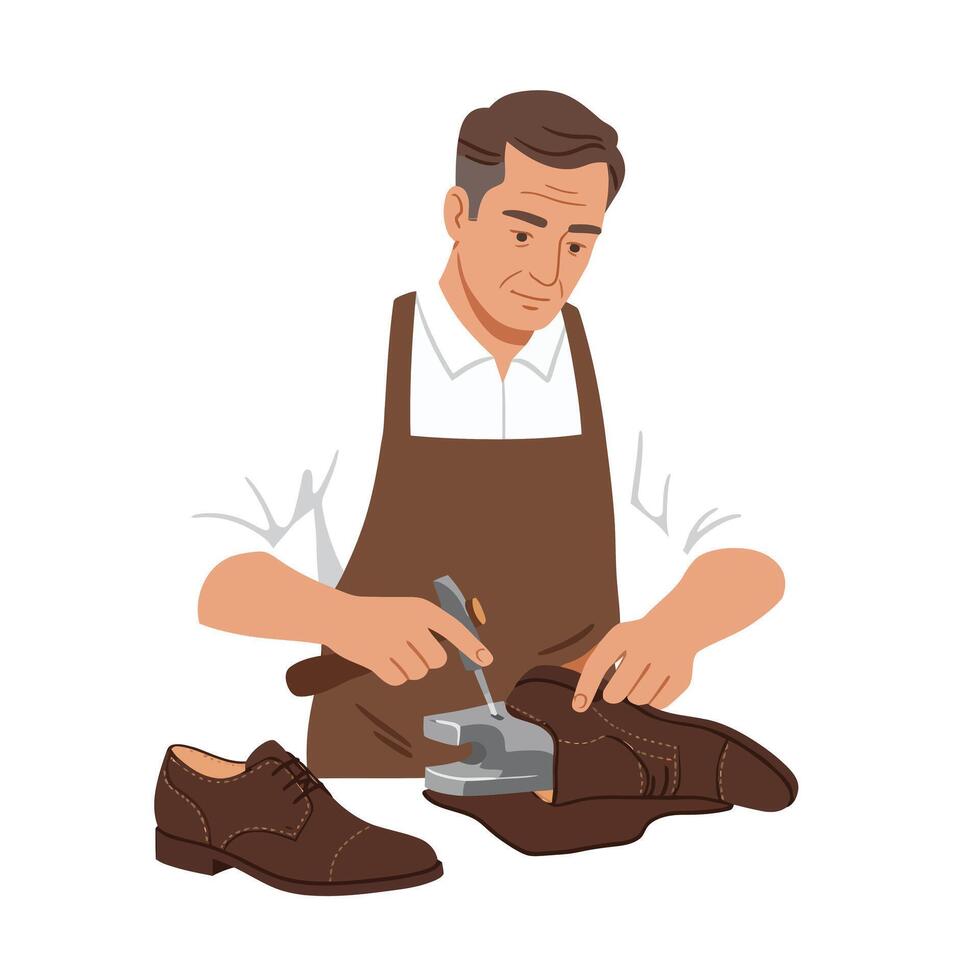Shoe repair artisan working on brown leather shoes in detailed illustration vector