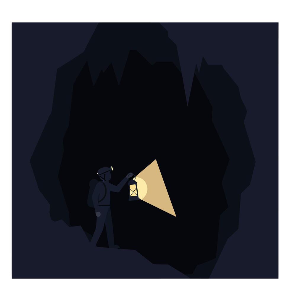 Adventurous miner exploring dark cave with lantern in flat art vector