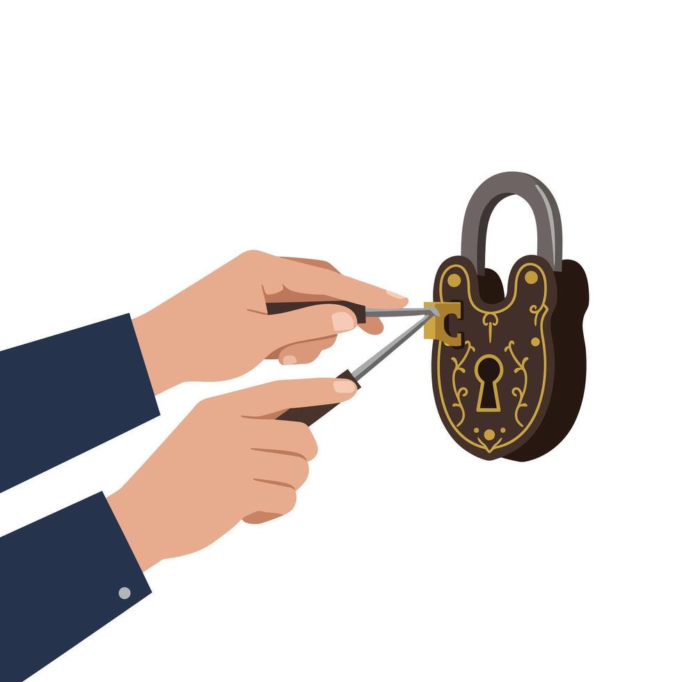 Hands using tools to pick a vintage padlock in minimal illustration vector