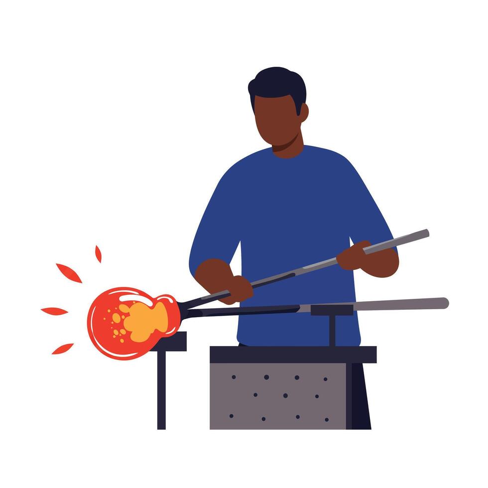 A glassblower shaping molten glass with tools in flat art vector