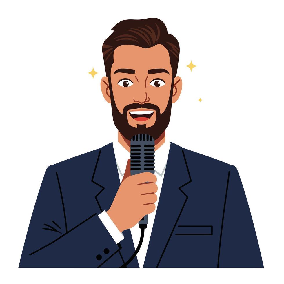 Confident man in suit holding microphone in flat illustration vector
