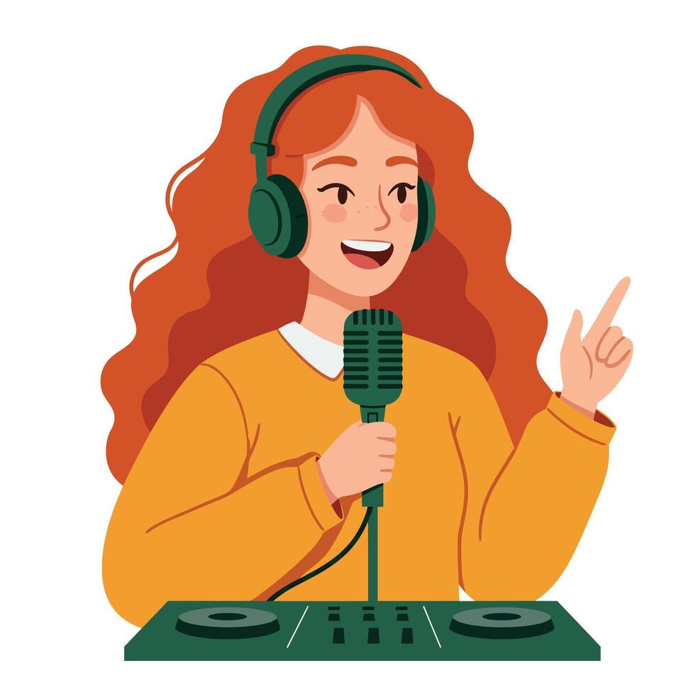 Young woman DJ with microphone in flat style illustration vector