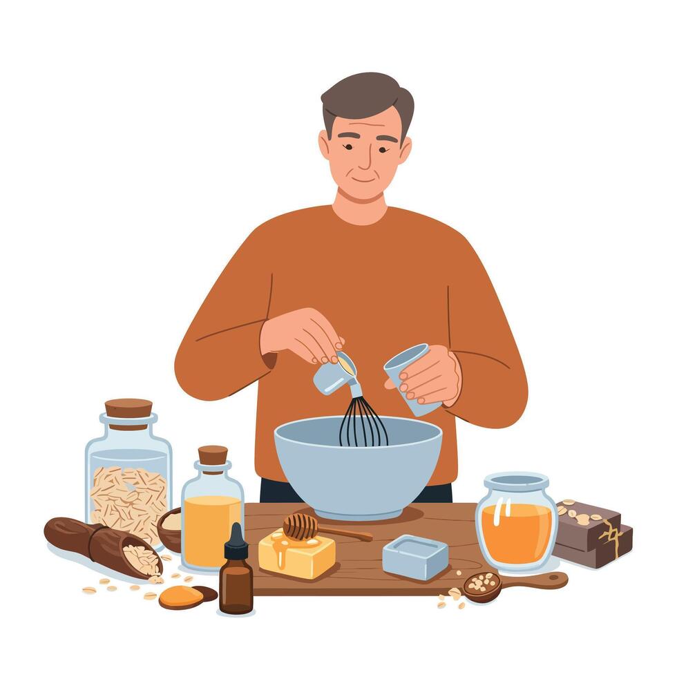 Man mixing ingredients in a bowl using a whisk in flat art vector