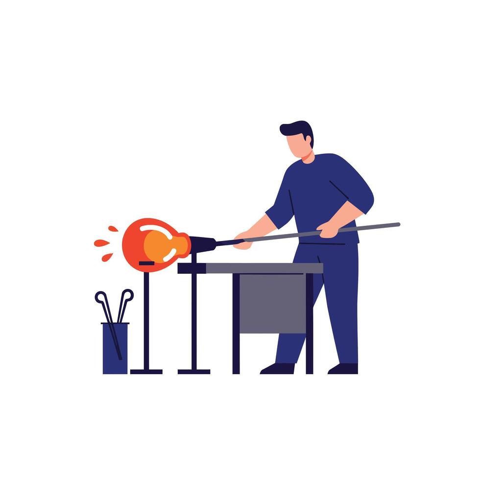 Glassblower shaping molten glass in a modern flat design art vector