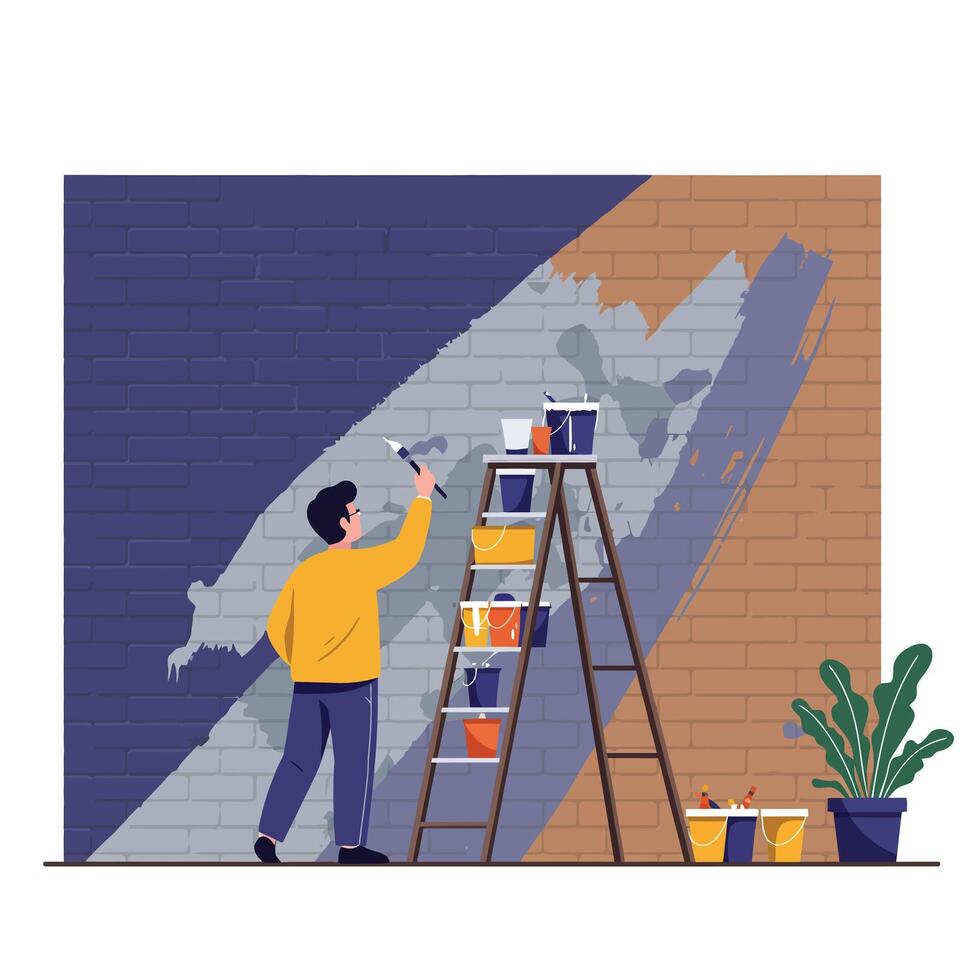 Man painting wall with ladder in flat style illustration vector