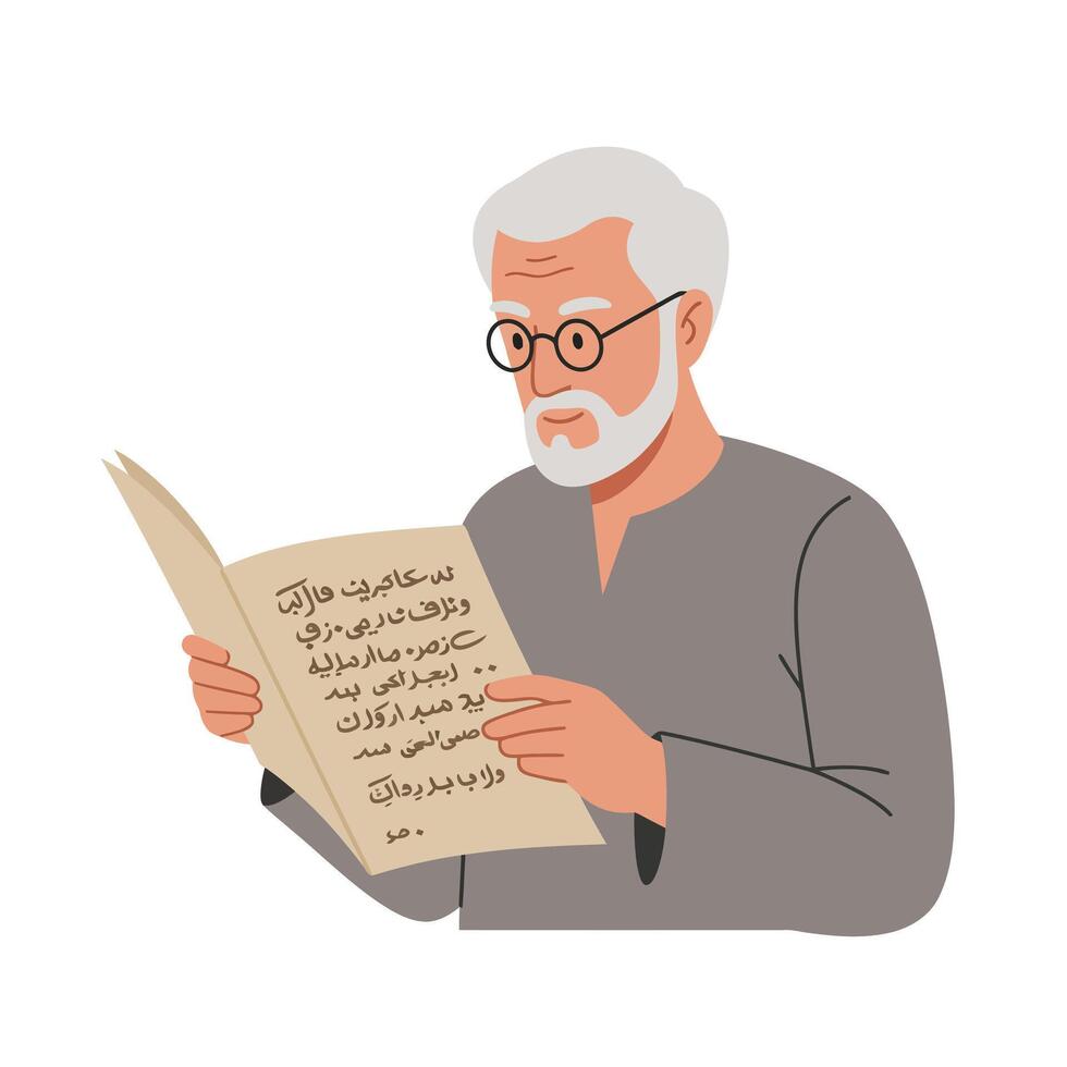 Elderly man reading a book with glasses in a flat illustration vector