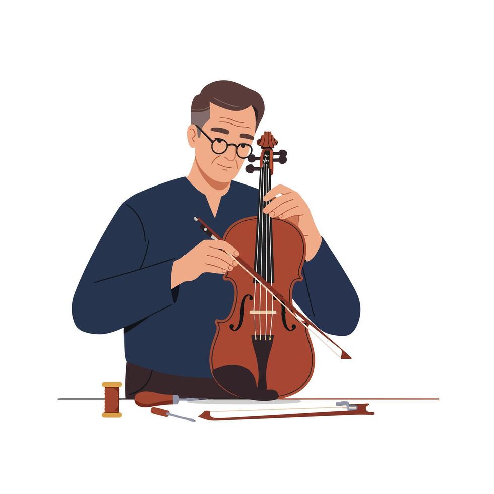 Man repairing violin in flat design style art vector