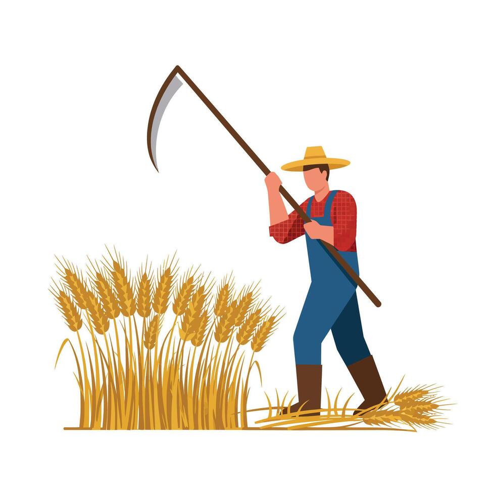 Farmer harvesting a wheat with scythe in flat art style vector