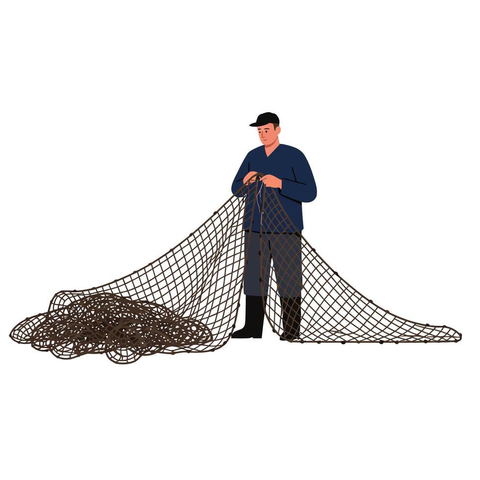 Fisherman holding fishing net in flat style illustration vector