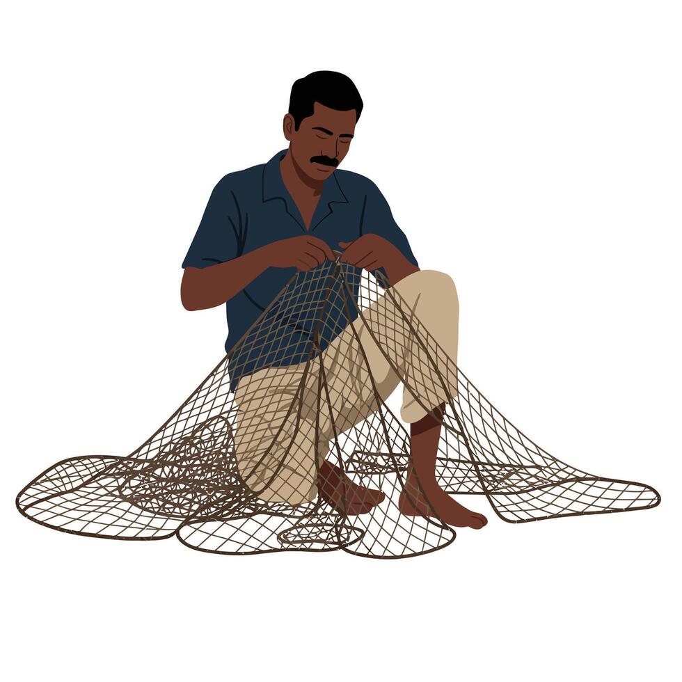 Fisherman repairing fishing net in flat design art vector