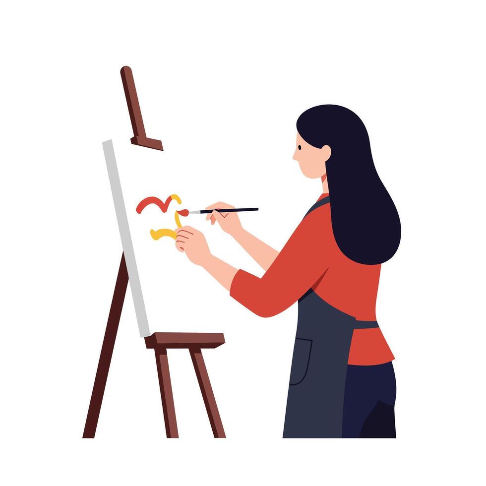 Artist painting colorful abstract shapes on canvas in flat art vector