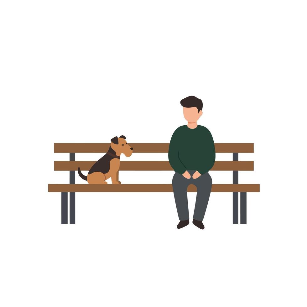Person sitting on a bench with dog in flat minimal art vector