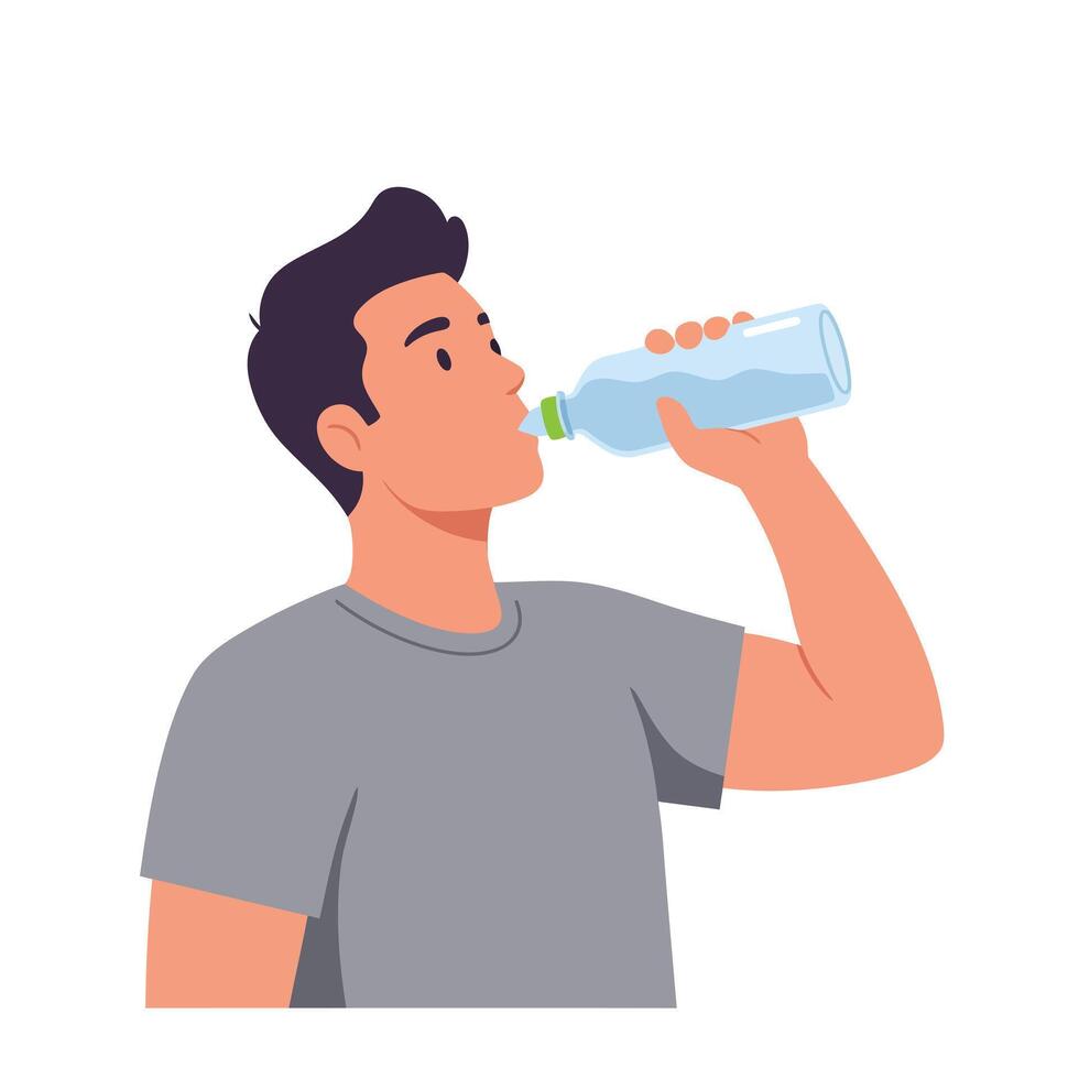 Man drinking water from a bottle in flat illustration vector