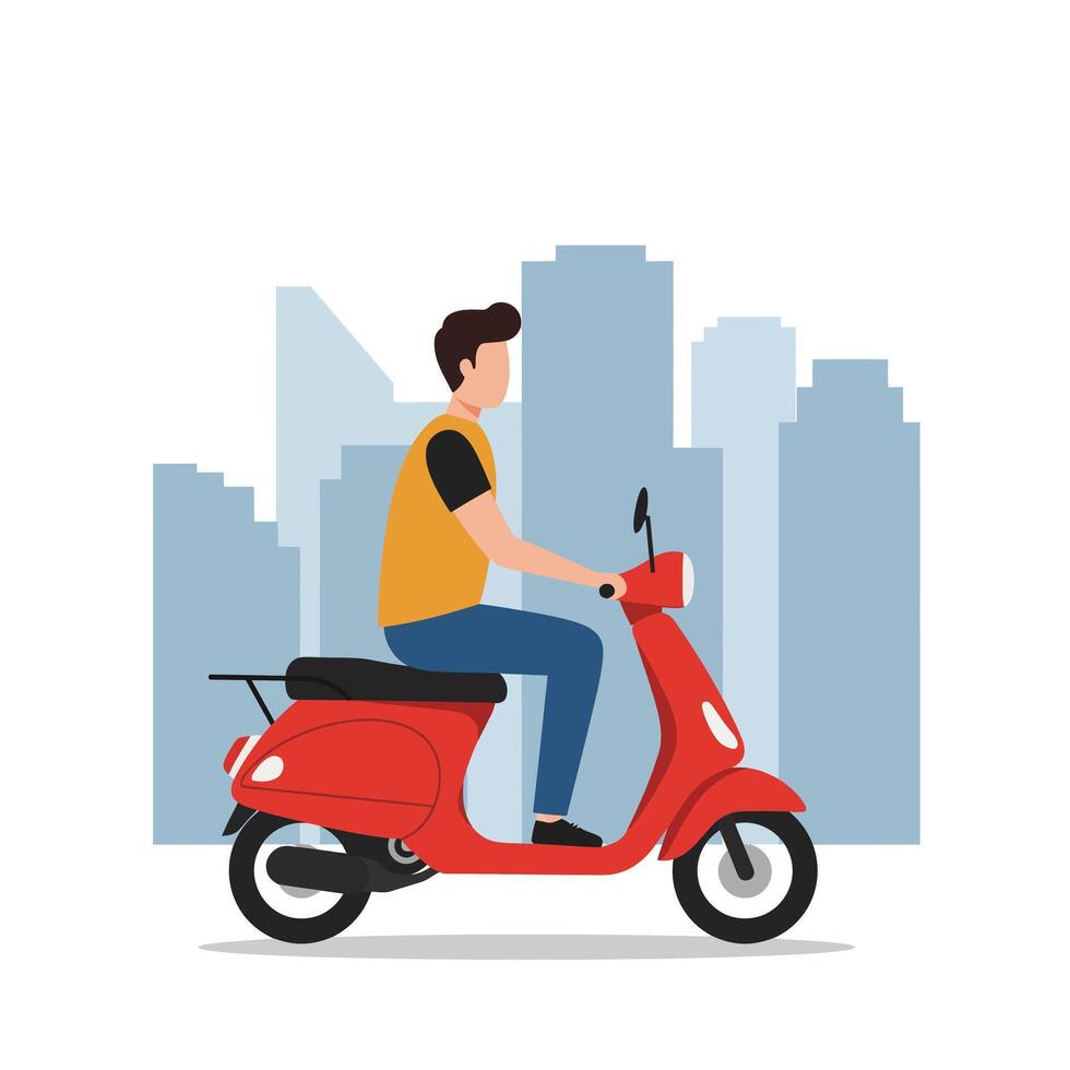 Person riding a red scooter in a minimalist cityscape illustration vector