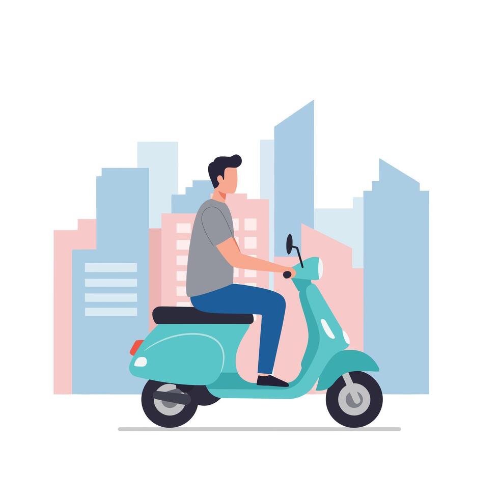 Person riding a scooter in a modern cityscape flat illustration vector
