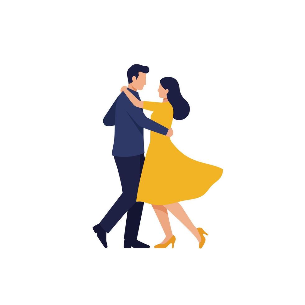 Dancing couple in elegant attire performing graceful movements in flat art vector