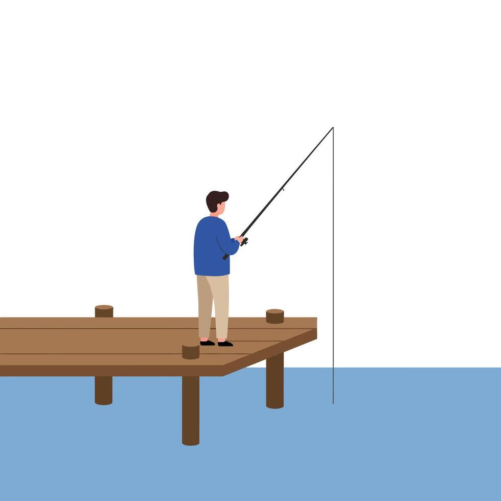 Man fishing on a wooden dock in minimal flat style art vector