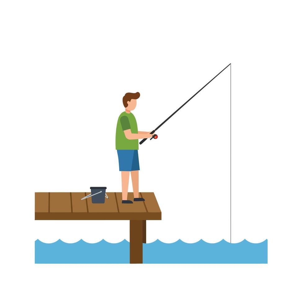 Fisherman casting line from dock in flat art style illustration vector