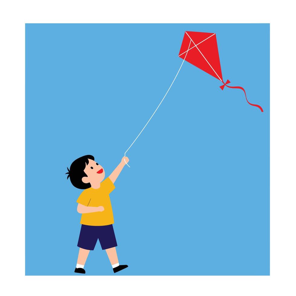 Child flying a colorful kite in a bright blue sky flat illustration vector