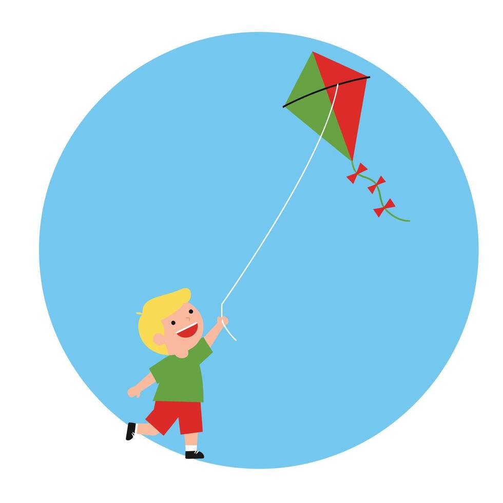 Happy child flying a colorful kite in a bright minimal illustration vector