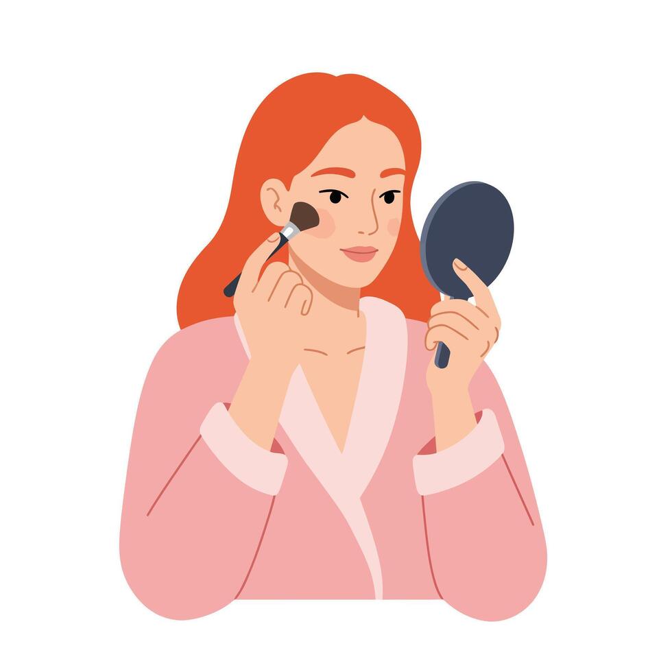 Woman applying makeup in a pink robe using a mirror flat illustration vector