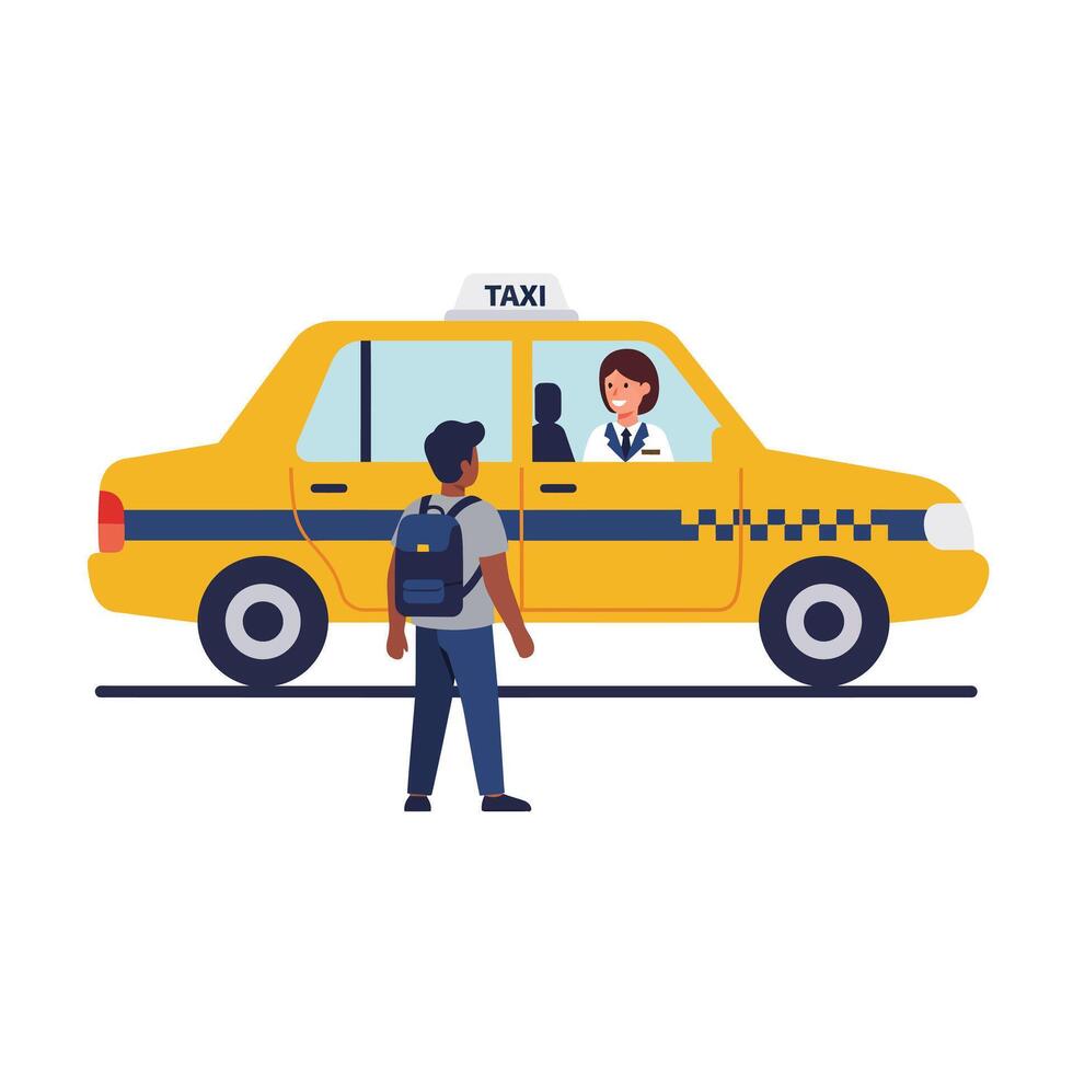 Yellow taxi cab illustration with driver and passenger in flat art vector