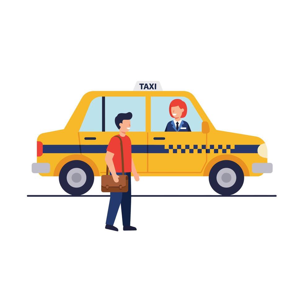 Yellow taxi cab with passenger approaching in flat illustration vector