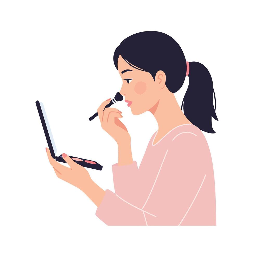 Woman applying makeup in a minimal style showcasing beauty tools illustration vector