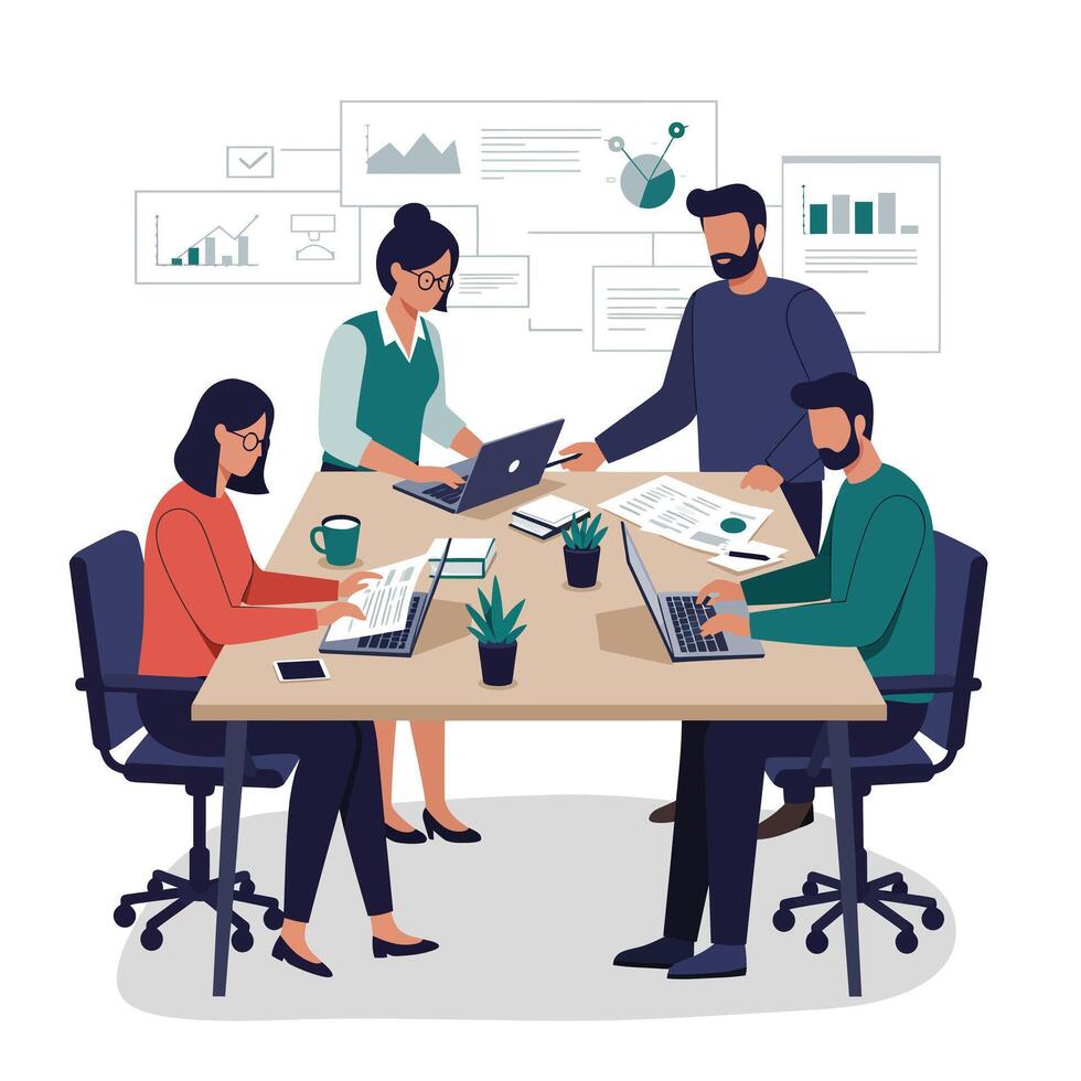 Team collaboration in a modern office setting with detailed illustration vector