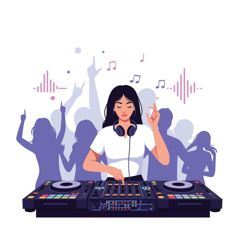 DJ performing live with vibrant crowd in flat art style vector