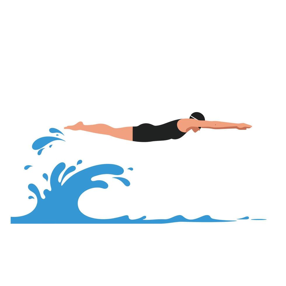 Swimmer diving into water creating splashes in flat art vector