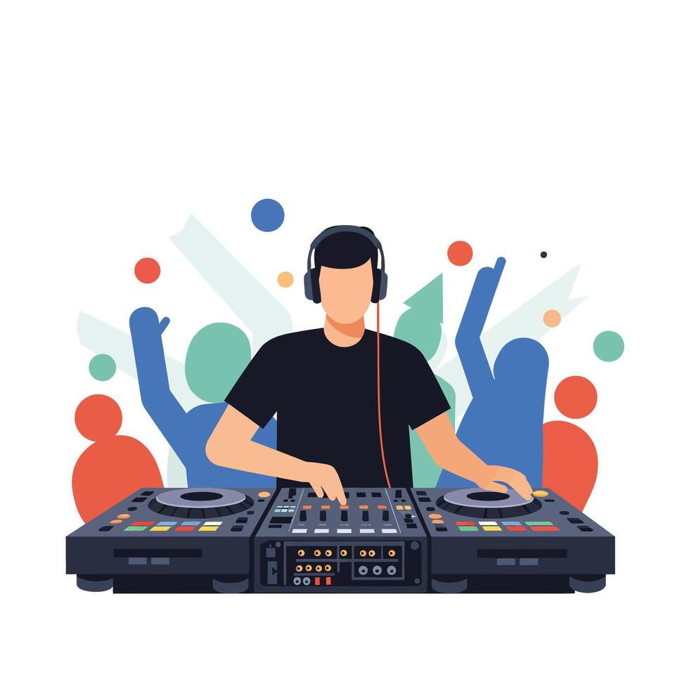 DJ performing live at a vibrant party in flat art vector