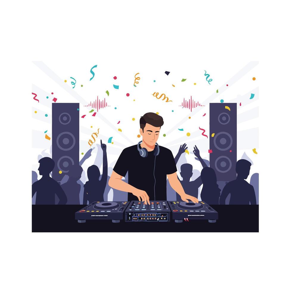 DJ performing at a vibrant party with colorful confetti in flat art vector
